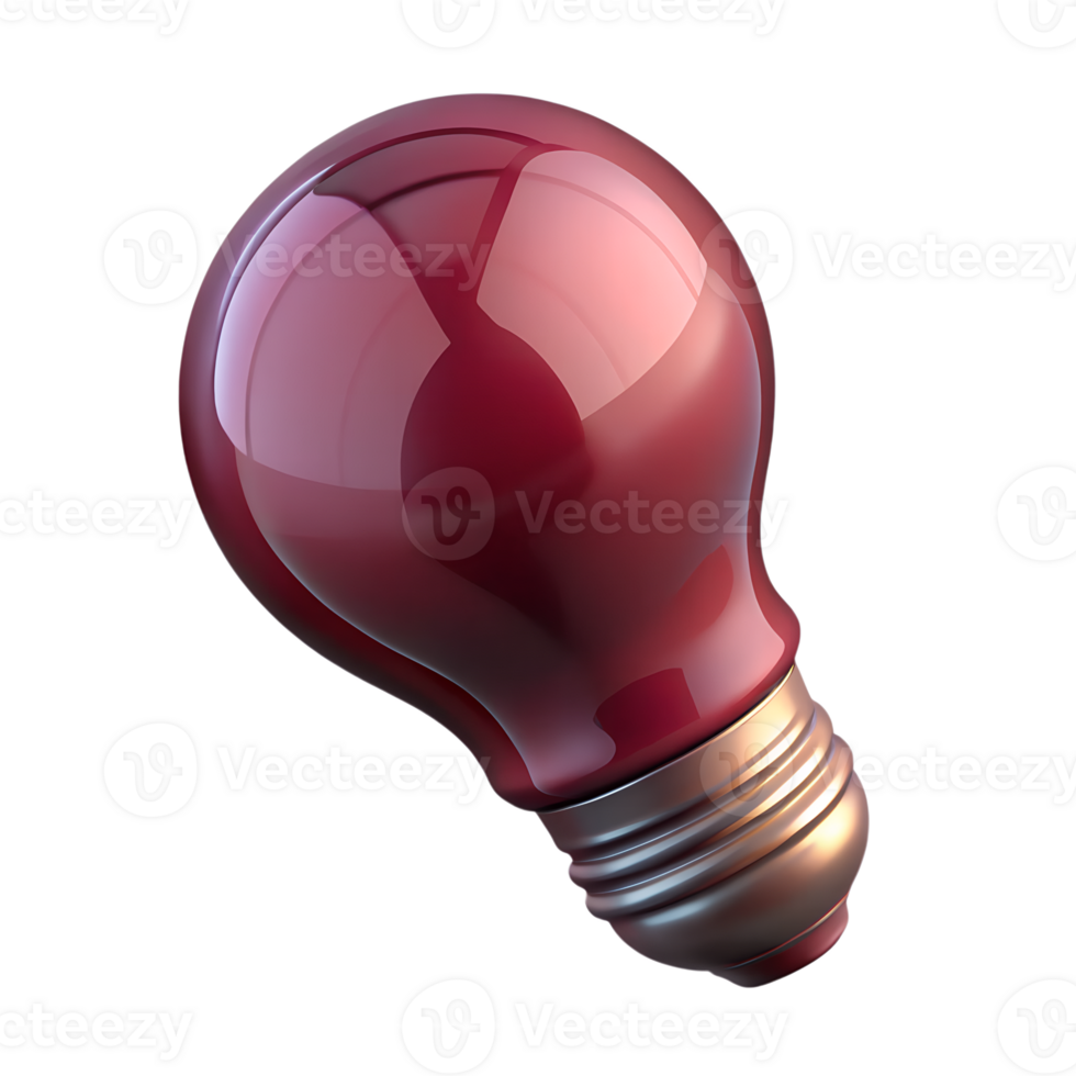 Glassy burgundy light bulb 3d icon isolated, red wine colored idea symbol, innovation concept png