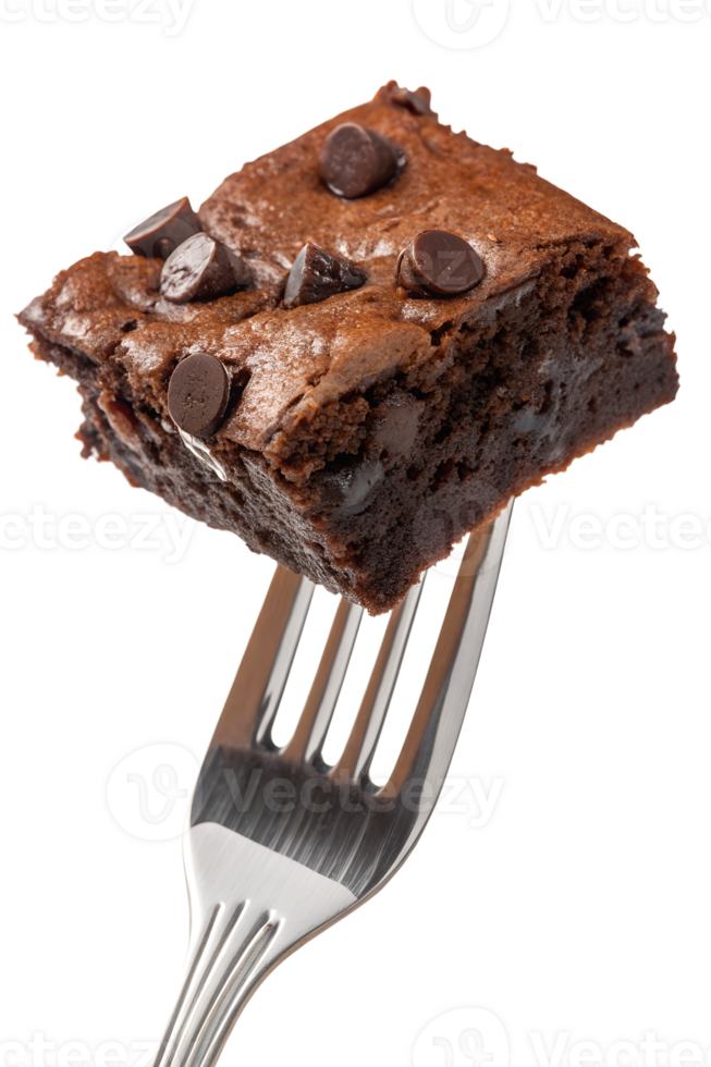 Delicious chocolate brownie on fork isolated, fudgy dessert bite, homemade sweet treat close-up png