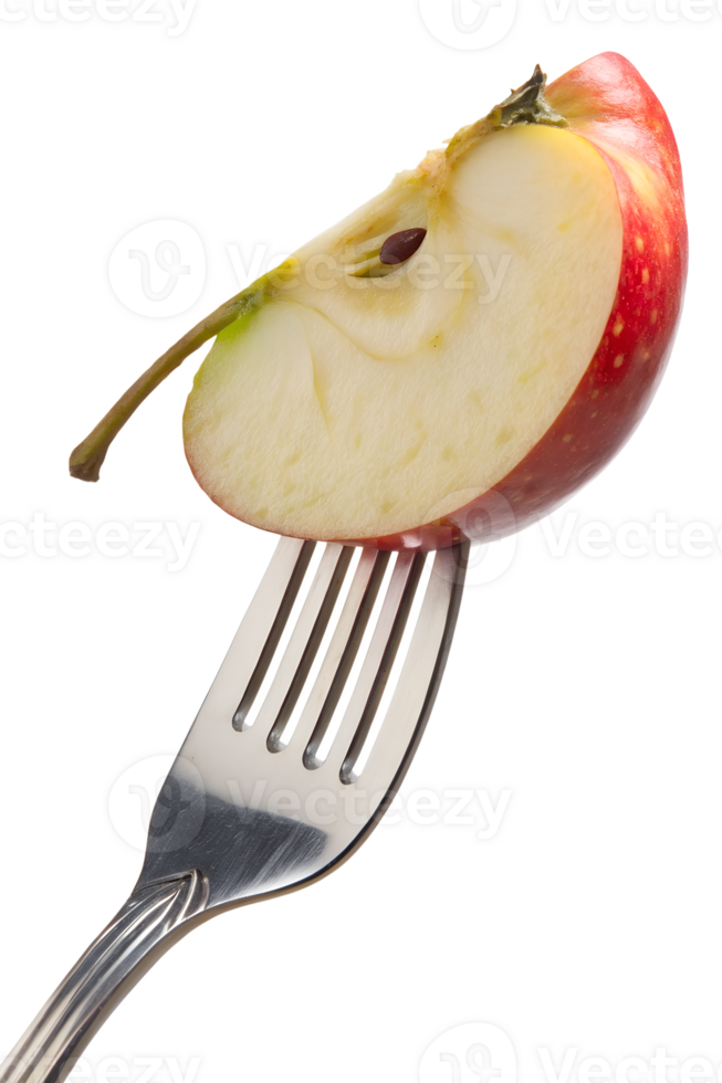 Apple slice on fork isolated on transparent background, fresh fruit snack, healthy eating concept png