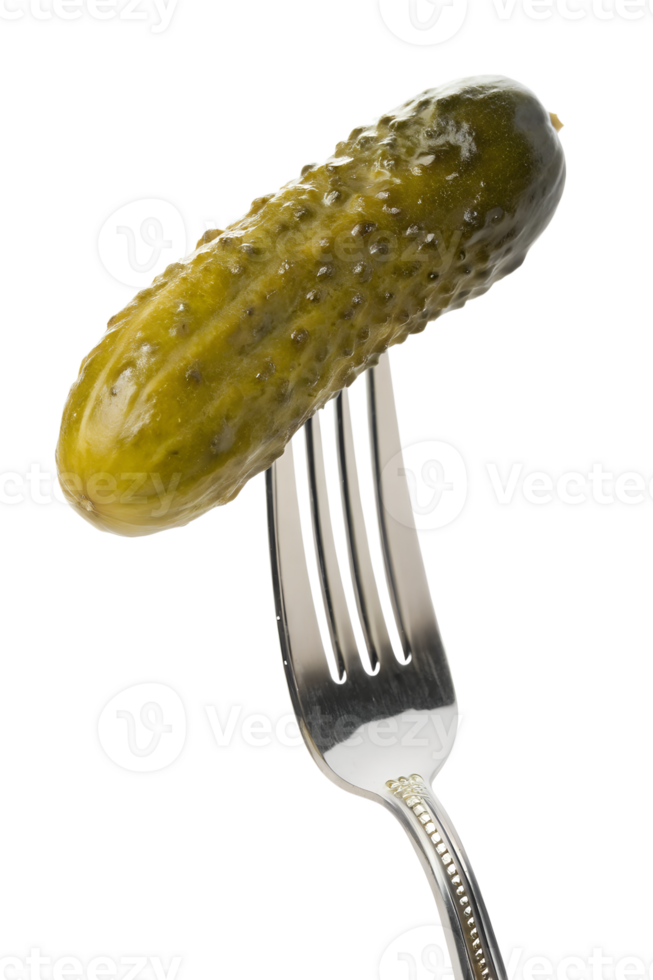 Pickle impaled on fork isolated, sour cucumber snack, close-up food shot, eating healthy concept png