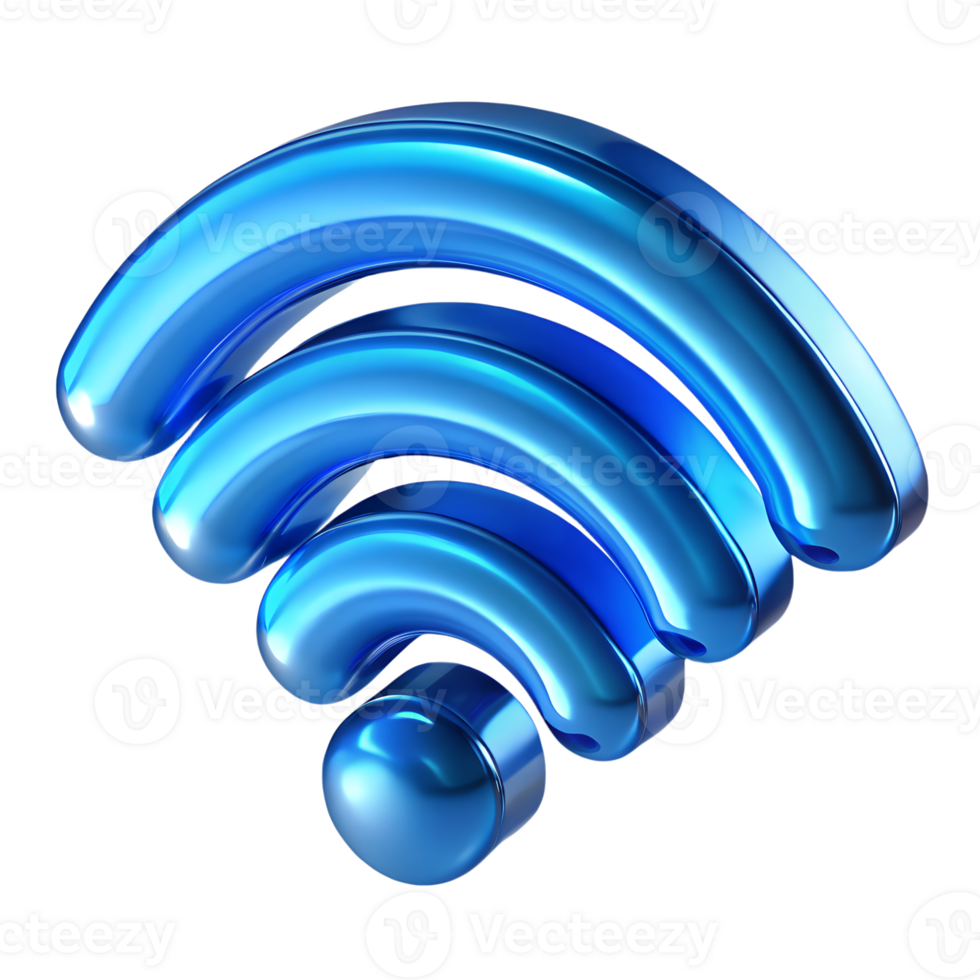 Glassy blue wifi 3d icon isolated, translucent wireless symbol, modern tech sign png