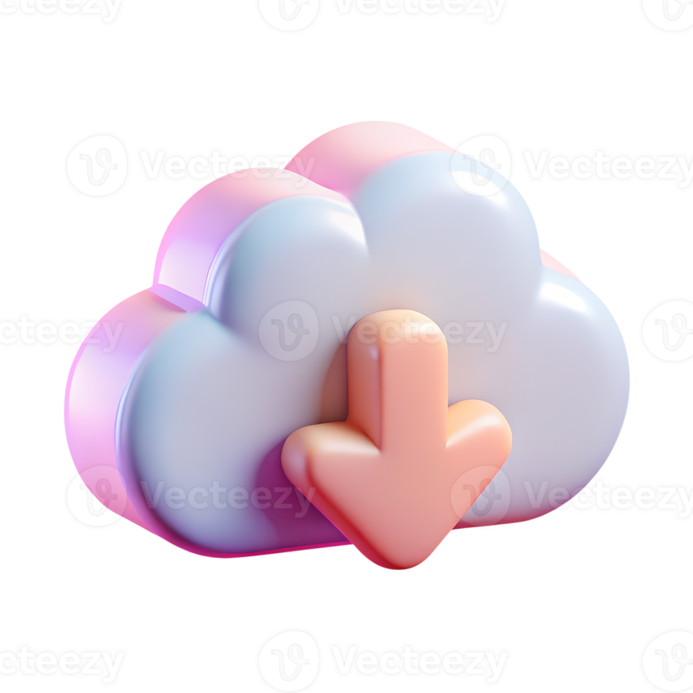 3d pink cloud with download arrow, digital file saving symbol, file transfer concept png