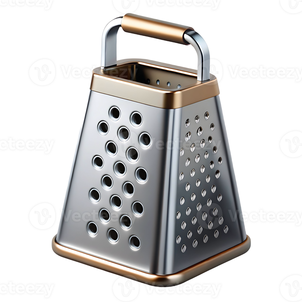 3d illustration of steel kitchen grater isolated, metal cheese shredder tool, cooking utensil png