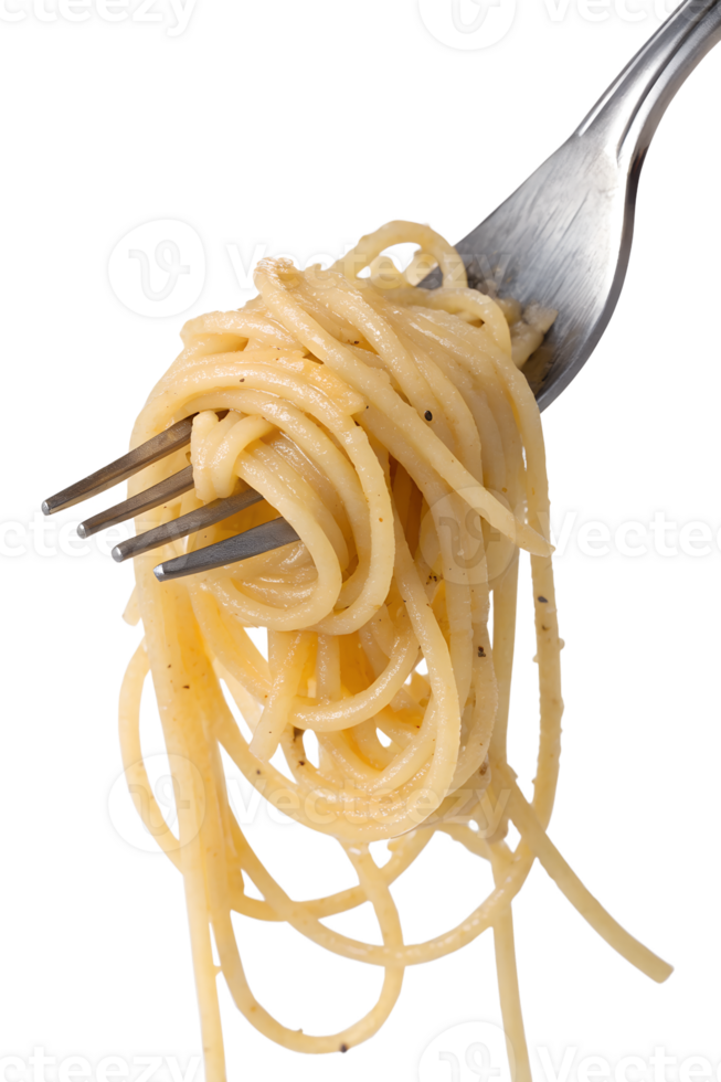 Spaghetti on fork isolated on transparent background, italian pasta dish, twirled noodles png