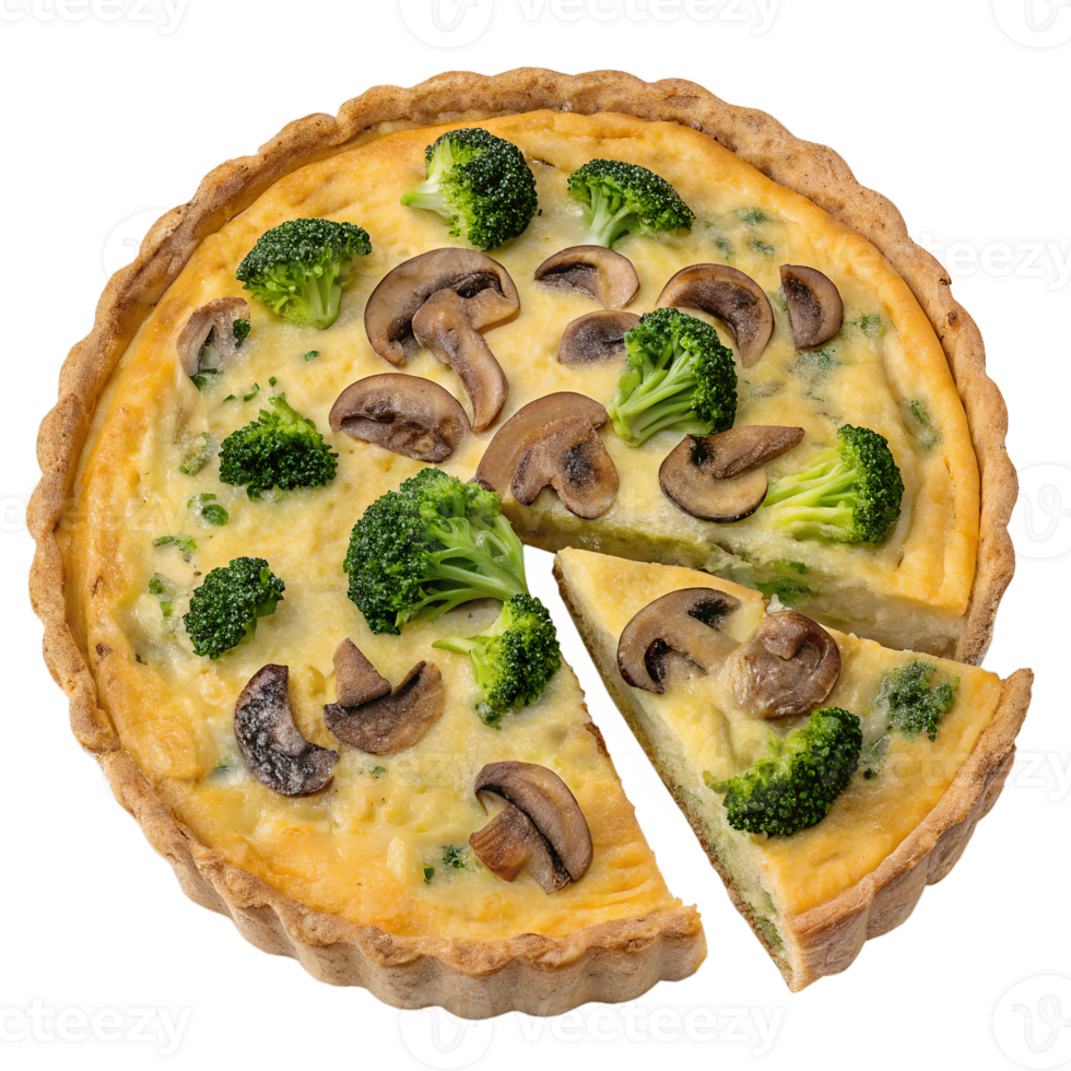 Savory quiche with broccoli and mushroom isolated on transparent background, homemade crustless pie, vegetarian brunch dish png
