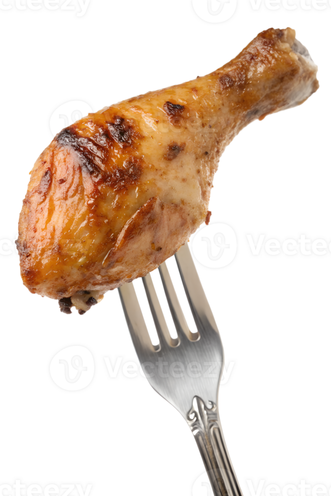 Roasted chicken leg on fork isolated, juicy crispy drumstick, protein meal close-up png