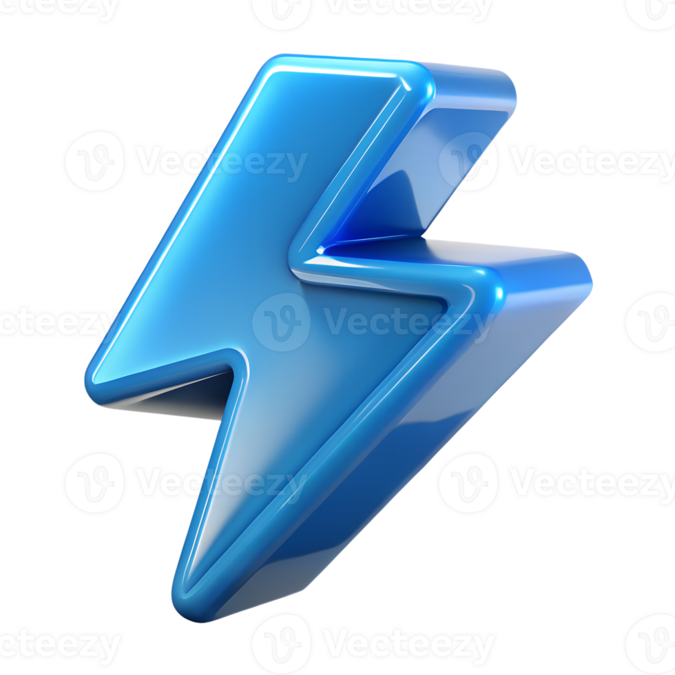 Glassy blue lightning sign 3d icon isolated, electric bolt symbol, transparent shiny effect, futuristic ui element png