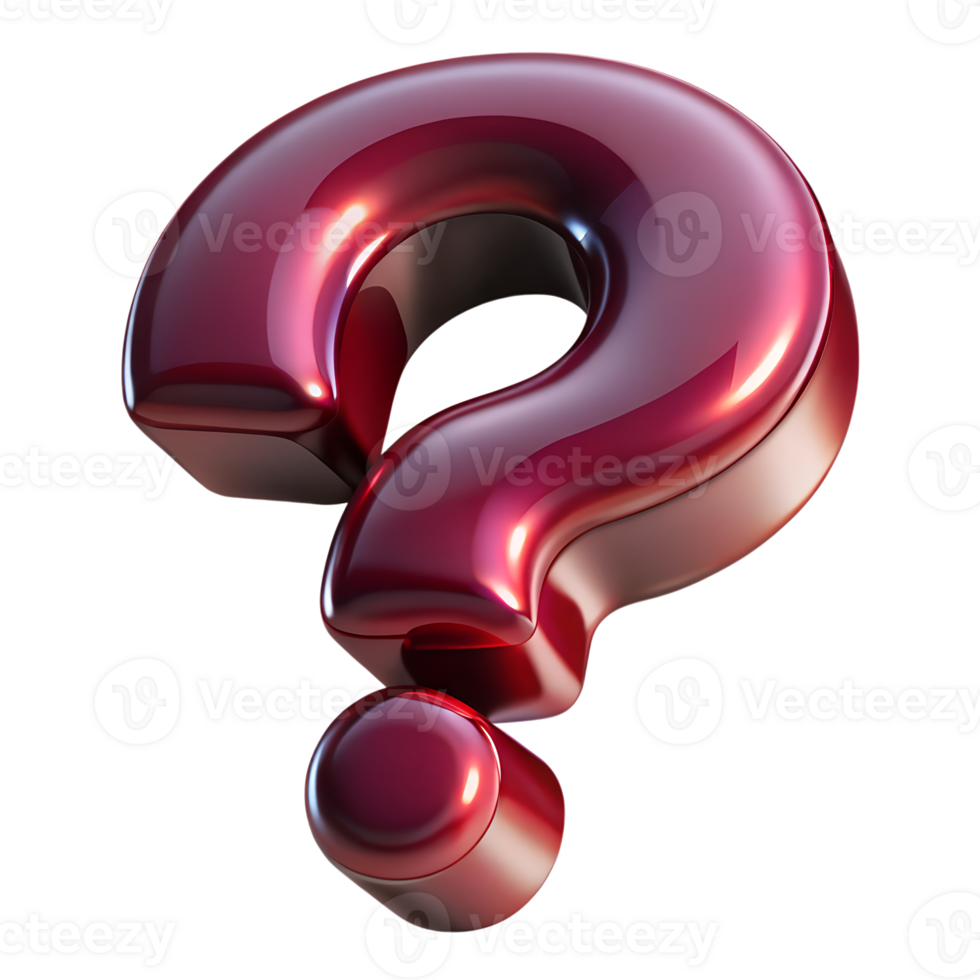 Glassy burgundy question mark 3d icon isolated, shiny red interrogation symbol, glossy pop design png