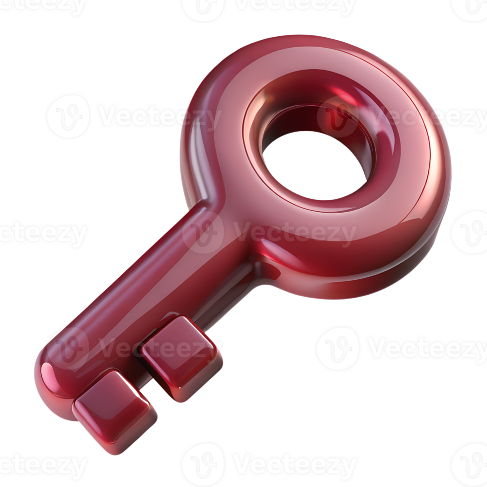 Glassy burgundy key 3d icon isolated, shiny red keychain accessory, luxury object, transparent render png