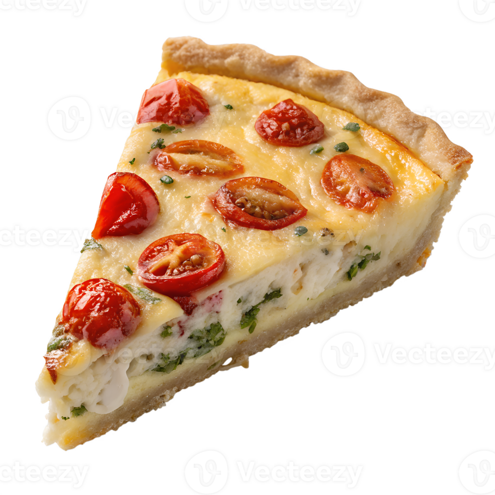 Delicious slice of quiche with tomatoes isolated on transparent background, pie with cherry tomatoes, french tart, brunch food png