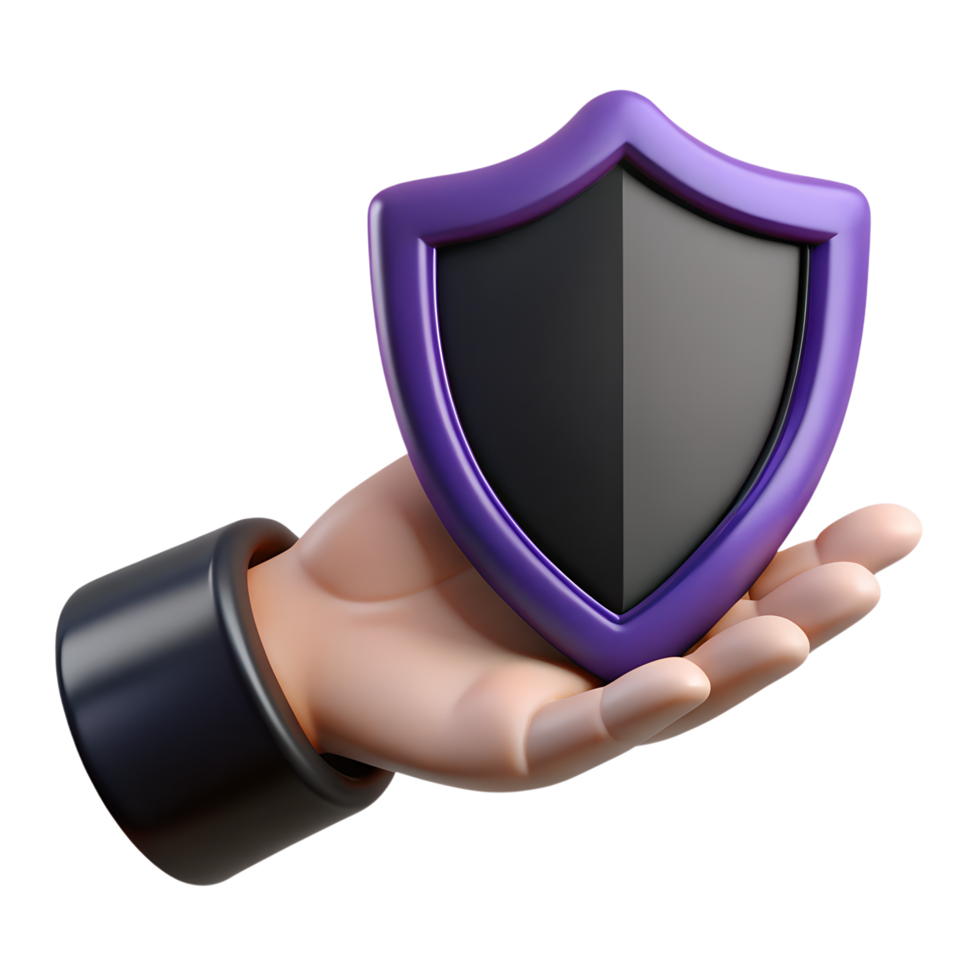 Hand holding 3d cartoon security shield isolated, cyber protection symbol, antivirus safety metaphor png