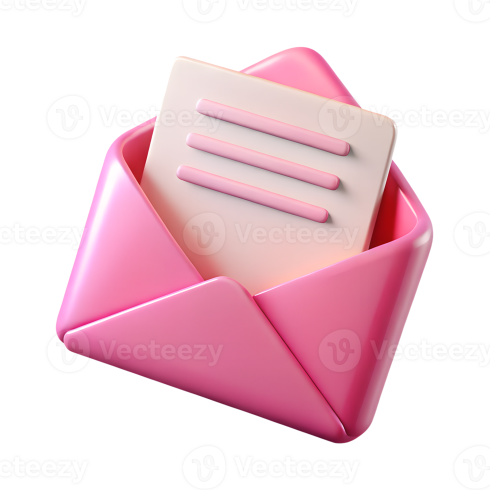 3d cartoon pink email icon, cute mailbox symbol, playful digital notification, isolated png