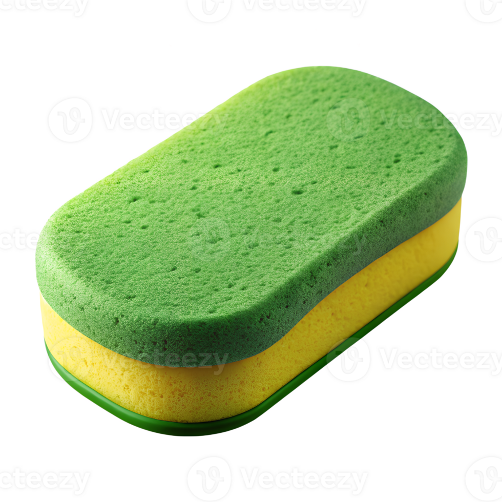 Cleaning sponge yellow and green 3d isolated, kitchen scrubber, household item png