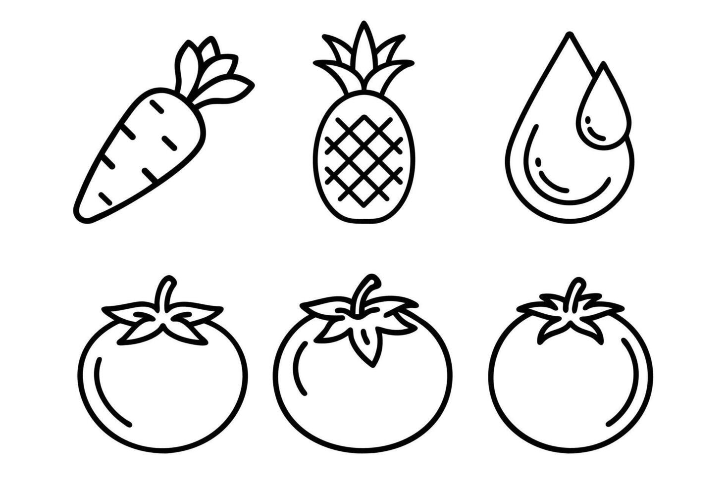 Food icons including tomato, pineapple, and carrot in outline style vector