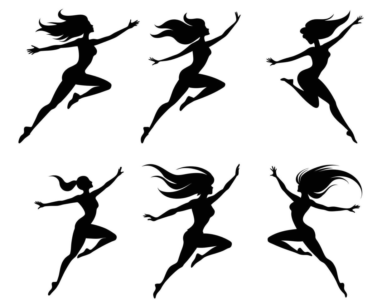 Female Dance Silhouette Set in Jumping Poses vector