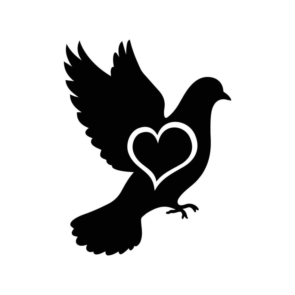 Flying pigeon silhouette holding a heart symbol in its beak vector