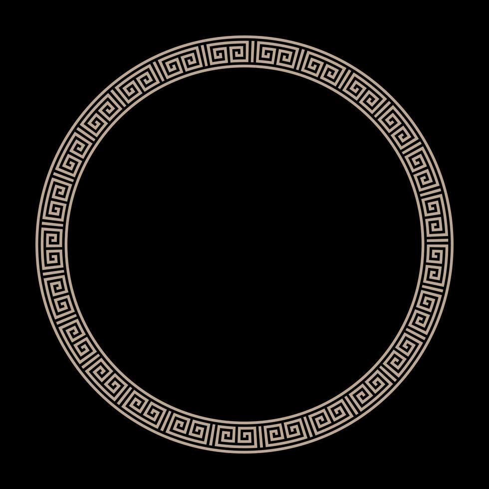 Greek golden meander a black backdrop. Patterns of Greece and ancient Rome. Round classic frame. Circle european border. Round antique border from Greek. Typical egyptian, assyrian, greek motiv vector
