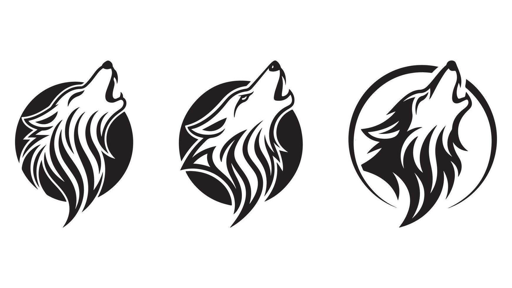 Collection of black and white minimalist tribal-style wolf head design vector