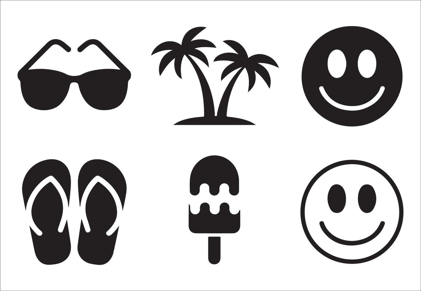 A set of summer icons featuring tropical beach scenes with palm trees, sun, sea, and island silhouettes, perfect for vacation and travel designs vector