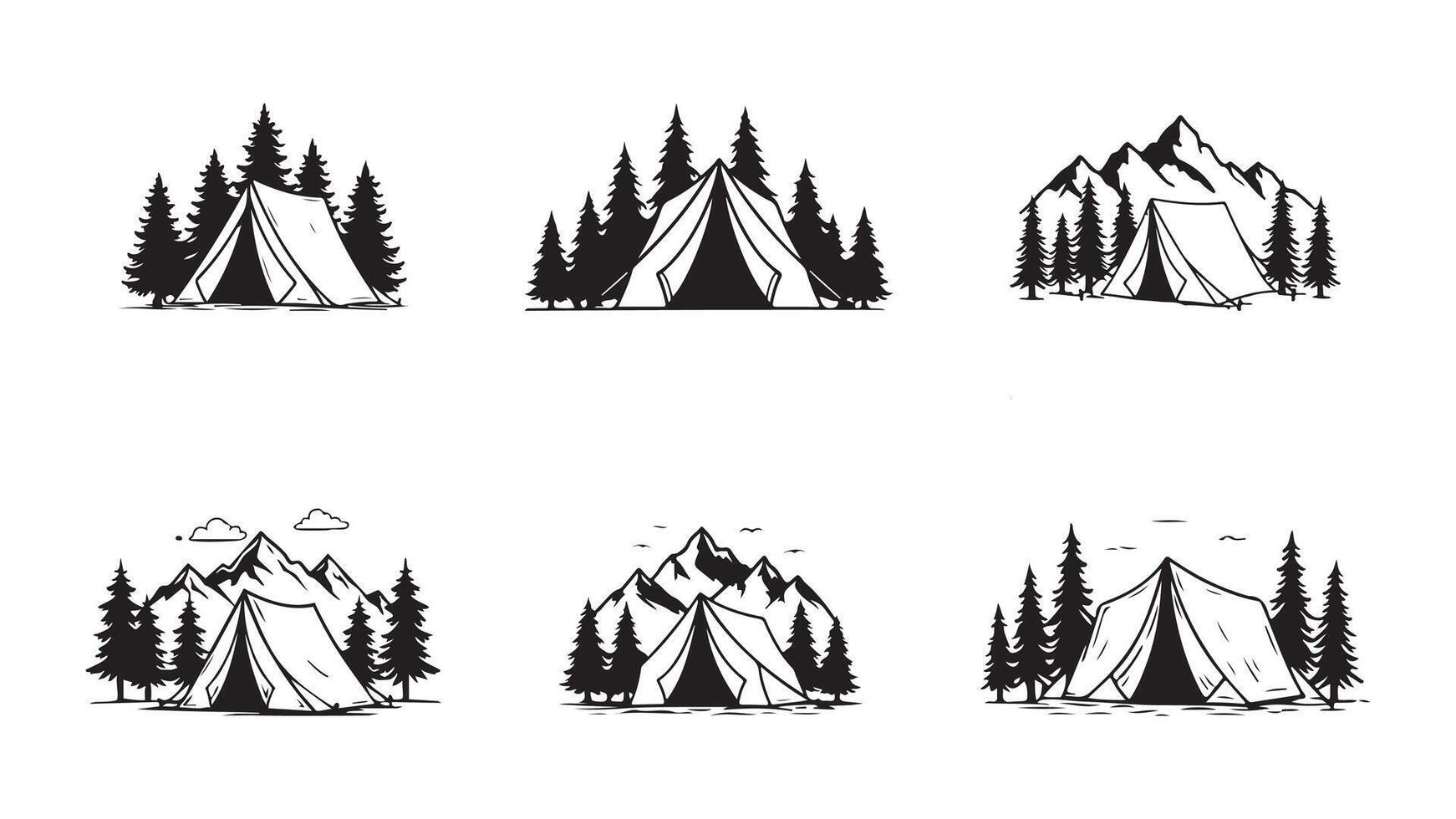 Camping tent icon set. Camping, Black and White illustration, Summer camp for t-shirt design vector