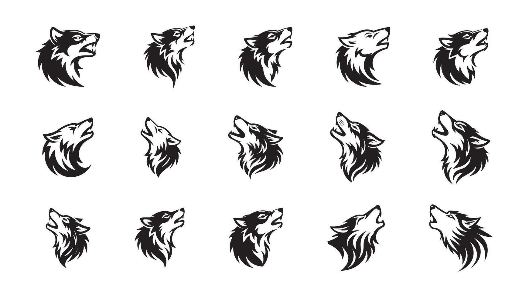 Collection of black and white minimalist tribal-style wolf head design. head of wolf set vector
