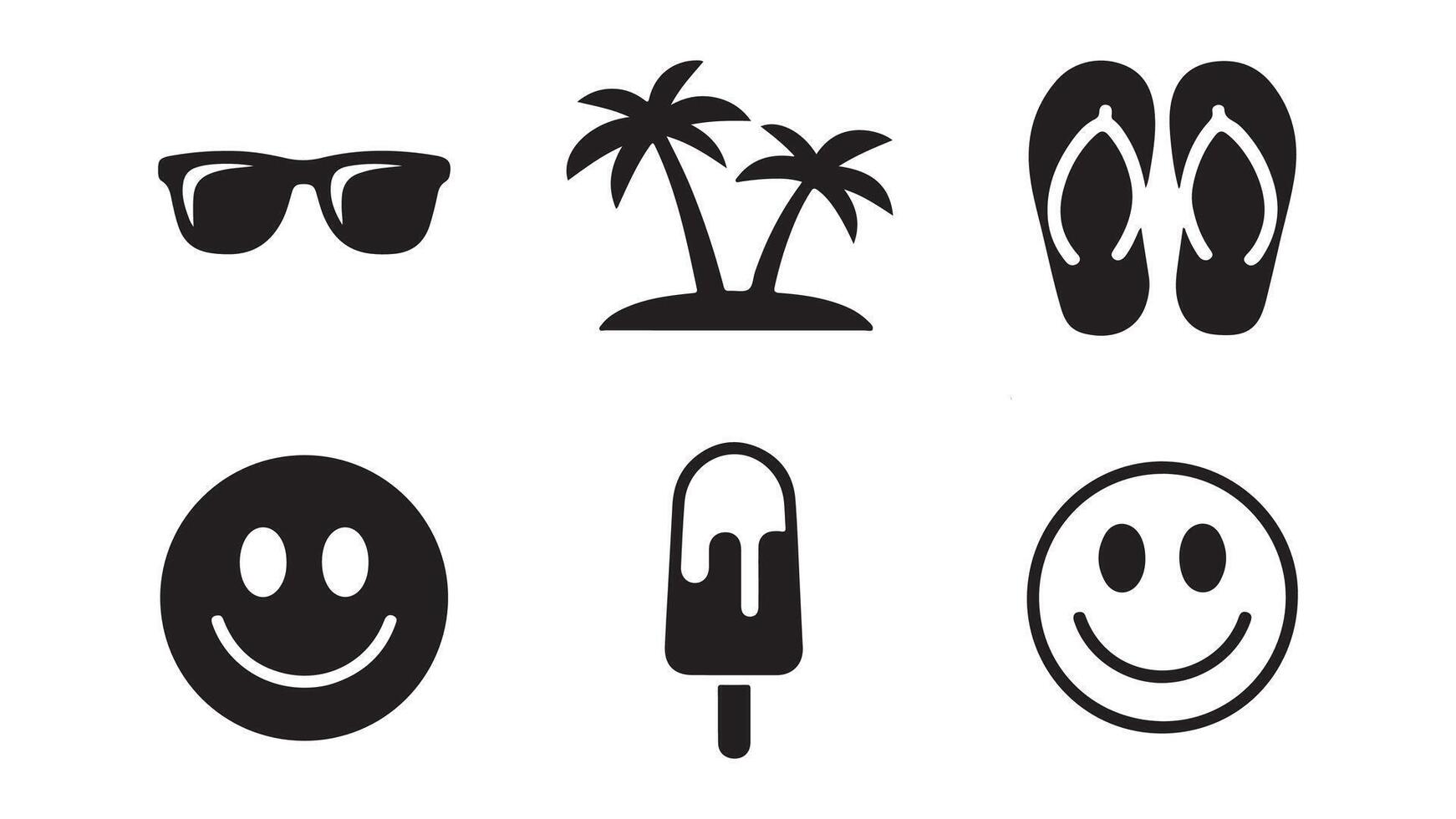A vibrant set of summer icons featuring palm trees, beach scenes, and tropical island elements under the sun, perfect for your vacation design illustrations vector