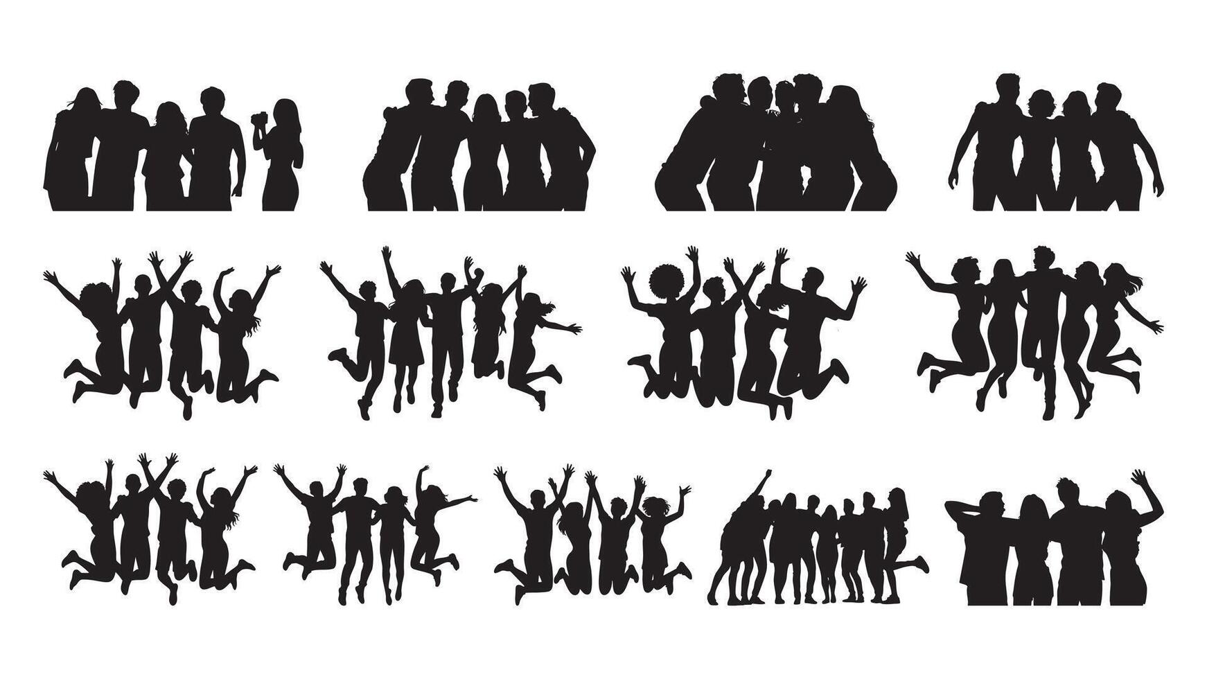 collection of friendship silhouettes, including men, women, children, and business groups vector
