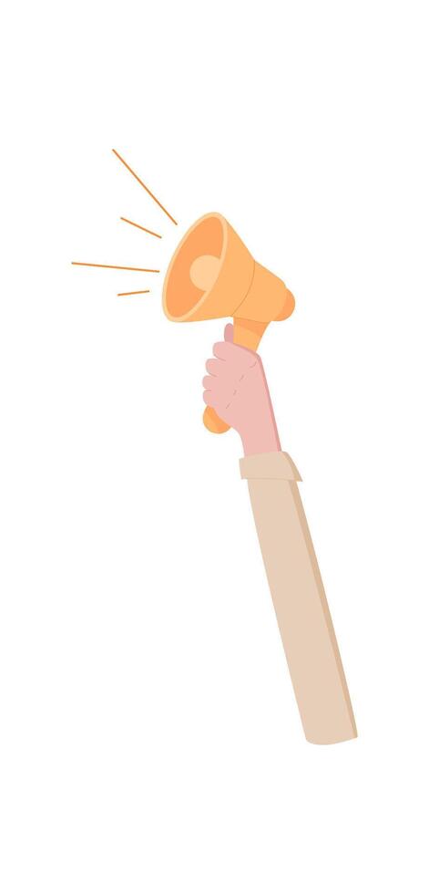 Man hand holds megaphone, hand holding empowerment signboard, person show up support loudspeaker, man hold protest board, people raise revolution flag, character holds strike sign, vector
