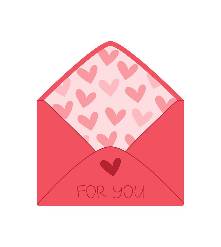 Heart shaped envelope with cute valentine card inside featuring love design. Flat cartoon graphic style illustration perfect for holiday messages. Ideal for invitations, messages, and love notes. vector