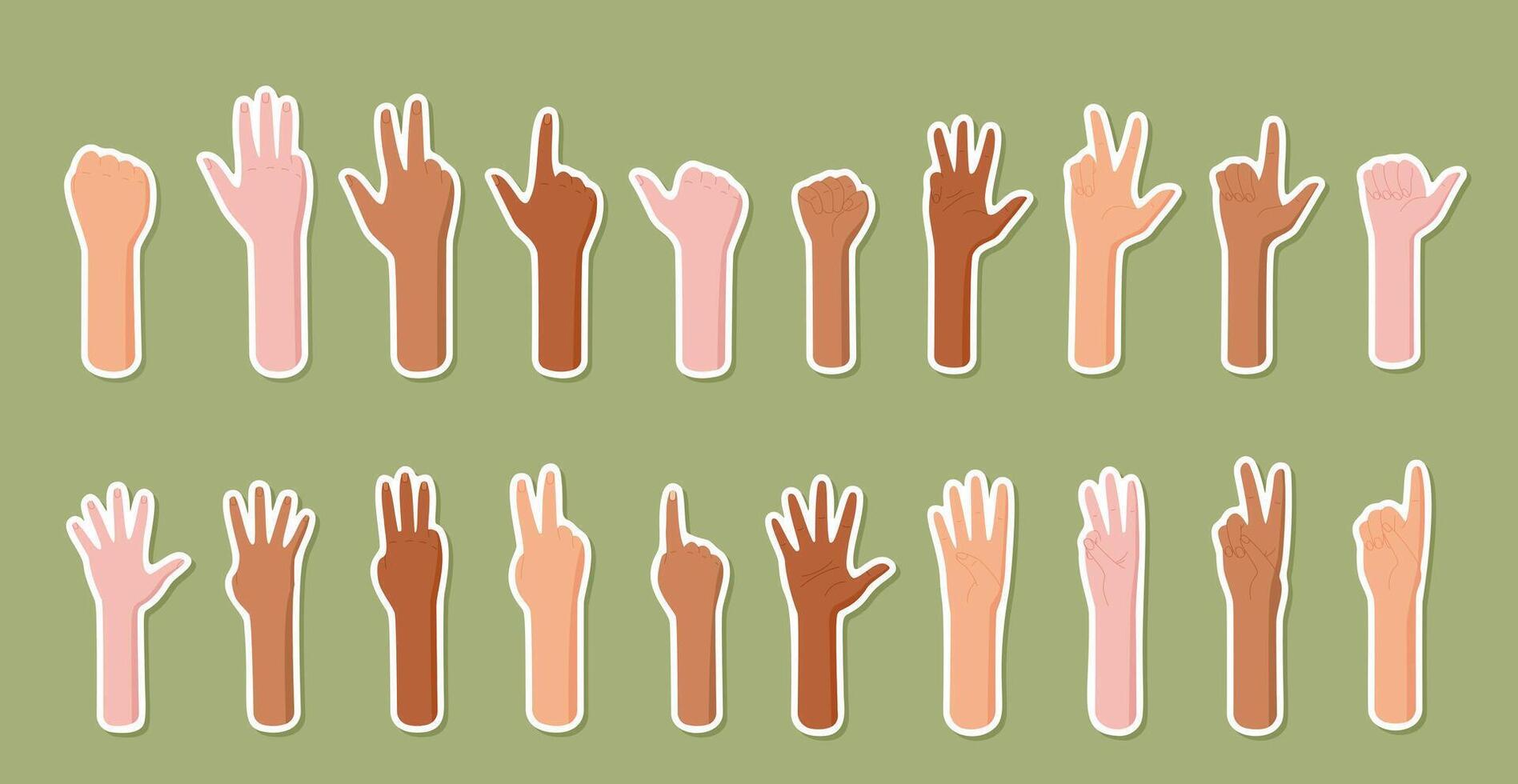 Hand count gesture sticker set in flat cartoon graphic style. Bare arms show different finger positions, indicating numbers from zero to five. Isolated graphics for educational and playful contexts. vector