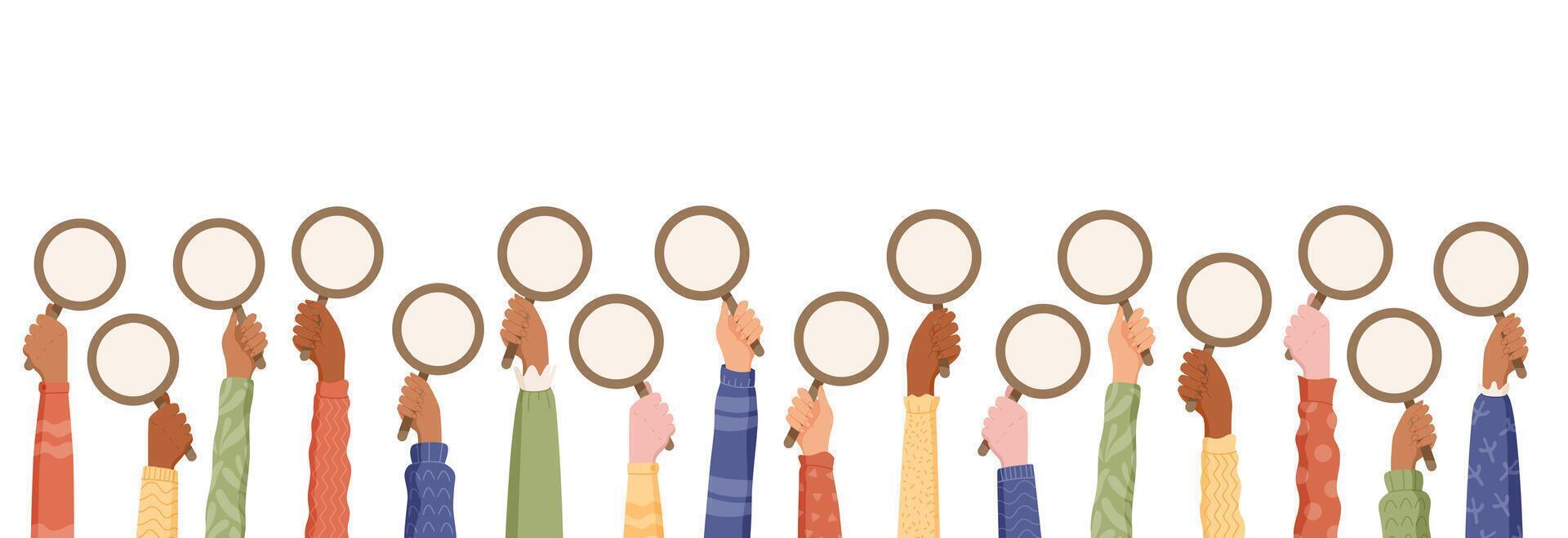 Cartoon hands hold feedback signs in a modern style. Colorful arms lift blank survey templates for customer review and opinion sharing. Communication and satisfaction concept, isolated banner, useful vector
