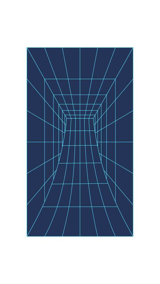 Geometric 3d wireframe tunnel, cyber tech geometric grid figure illustration, 90s retro trendy mesh pattern element symbol, futuristic geometry net structure object, y2k neon wire frame form icon. vector