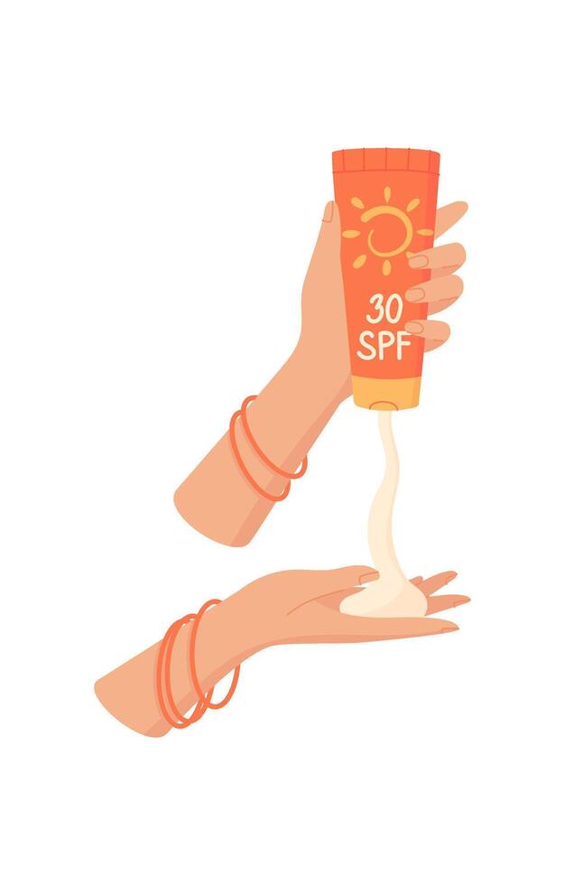 Hand squeeze spf lotion product, flat uv factor protection oil container, spf lotion product, creative solar block moisturizer bottle, cartoon sunblock cream tube, vector