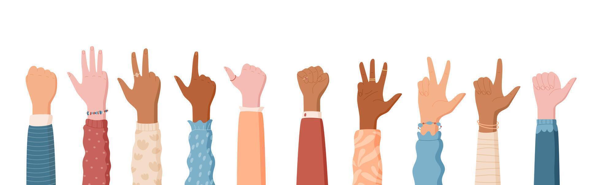 Flat style hand count gesture set. Human figures with fingers posed to signal numbers. Diverse clothes character gestures for counting. Ideal bundle for educational illustrations in a cartoon vector