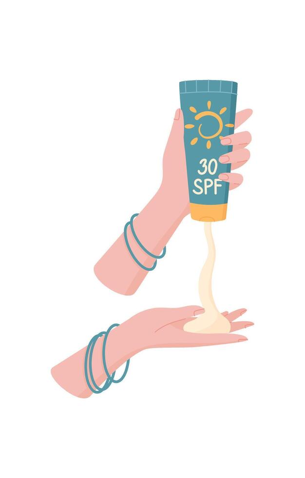 Hand use sun block cream product, solar protection moisturizer bottle, creative spf spray tube, cartoon sunblock lotion container, flat sunscreen cosmetic pack, vector