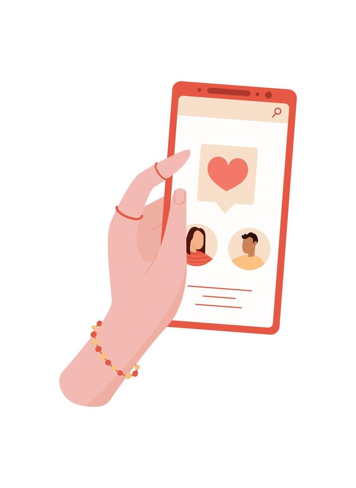 A hand holds a smartphone with a dating app. A user interacts with mobile application through touch. The screen displays messages in social platform, flat style, suitable for digital media. vector