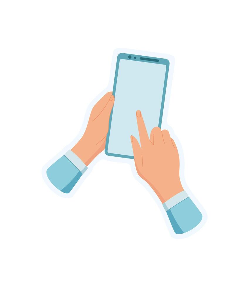 Sticker of hand holding phone. User holds smartphone with blank screen using touch gesture. Digital template illustrates app concepts for modern communication and user interaction. vector