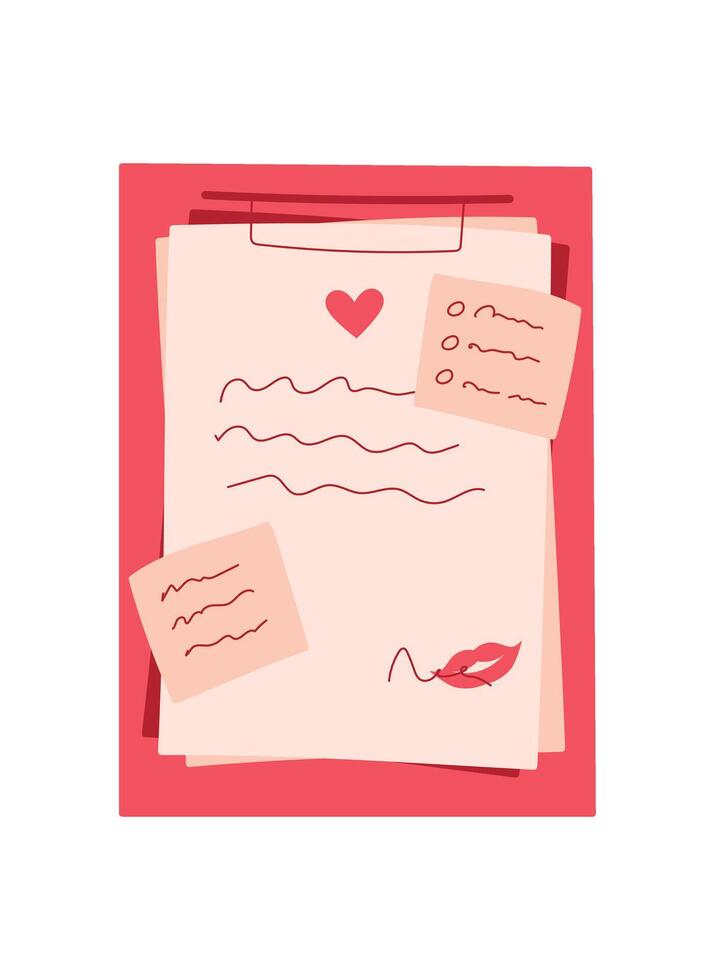 Cute girl holding a pink card with heart and handwritten note. Romantic envelope in flat design elements. Concept of love, celebration, holiday and gift, suitable for greeting invitation purposes. vector