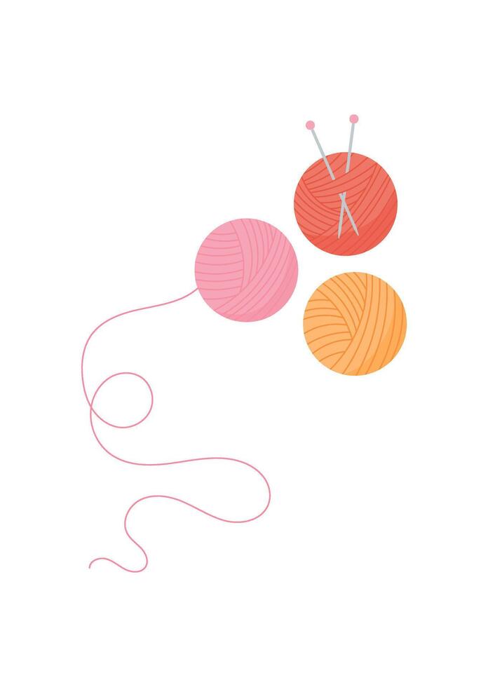 Knit wool ball and needle, flat knitting tool illustration, tailor decoration object, doodle crochet supplies design, hand drawn dressmaking accessories element, vector