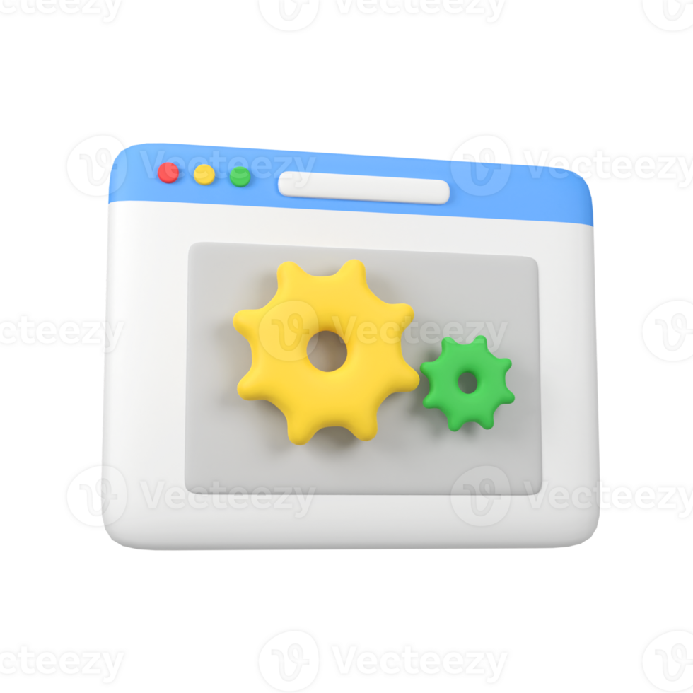 Gears on pop up windows isolated 3d render icon illustration png