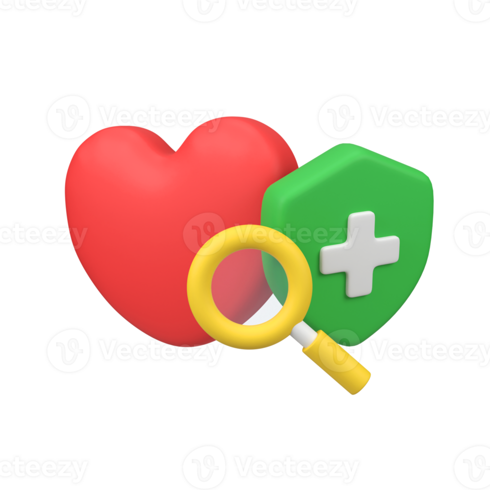Red heart and plus shield with magnifier isolated 3d render icon illustration png