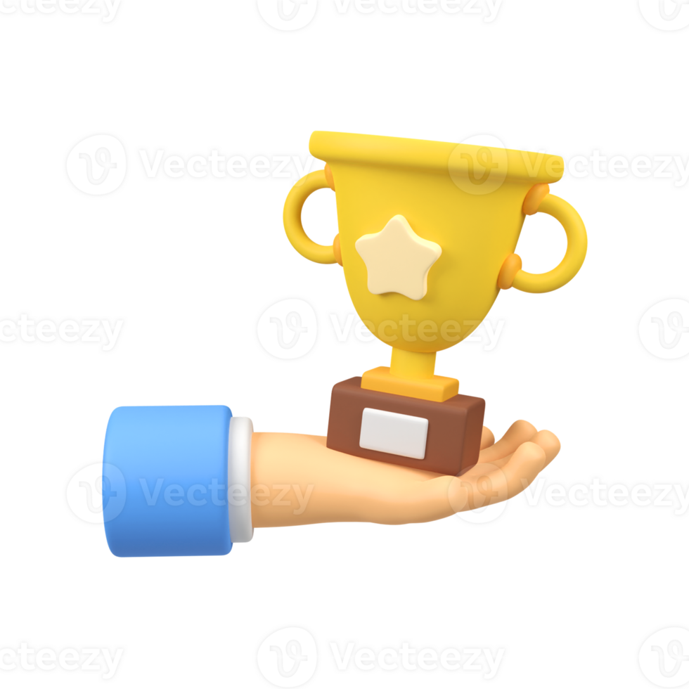 Hand hold gold cup with star isolated 3d render icon illustration png