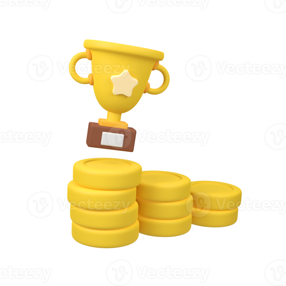 Trophy on Stacks of Gold Coins isolated 3d render icon illustration png