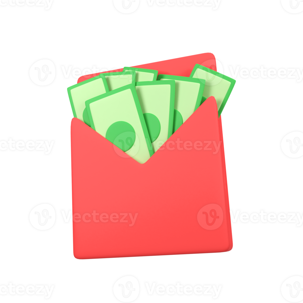 Opened envelope with green banknotes isolated 3d render icon illustration png