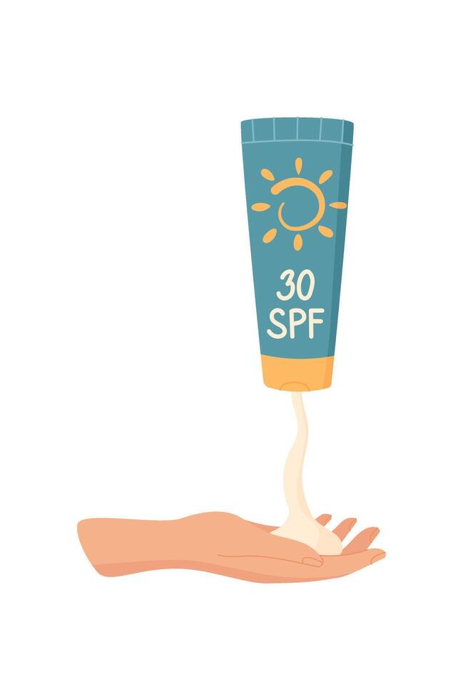 Hand squeeze sunscreen cream bottle, flat sunblock cosmetic bottle, creative uv block oil container, cartoon solar protection lotion pack, spf cream tube, vector