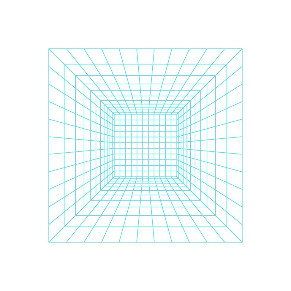 Perspective 3d mesh tunnel, brutal art neon mesh structure graphic, y2k abstract 3d wireframe figure illustration, vaporwave geometric wire frame shape icon, cyber tech trendy net form symbol. vector