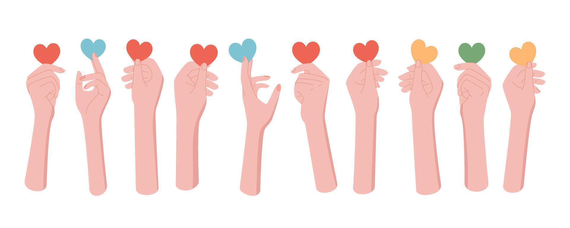 Hands holding colorful hearts in flat style set. A set of diverse bare hands symbolizing love, charity, and solidarity. Vibrant illustration conveying togetherness and community, ideal for projects vector