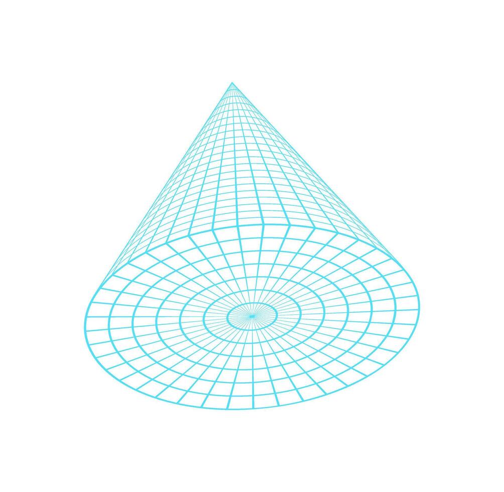 Y2k 3d wireframe cone, y2k trendy wire frame element icon, brutal art geometry net pattern structure illustration, cyberpunk neon mesh figure object, 90s retro geometric grid form symbol. vector
