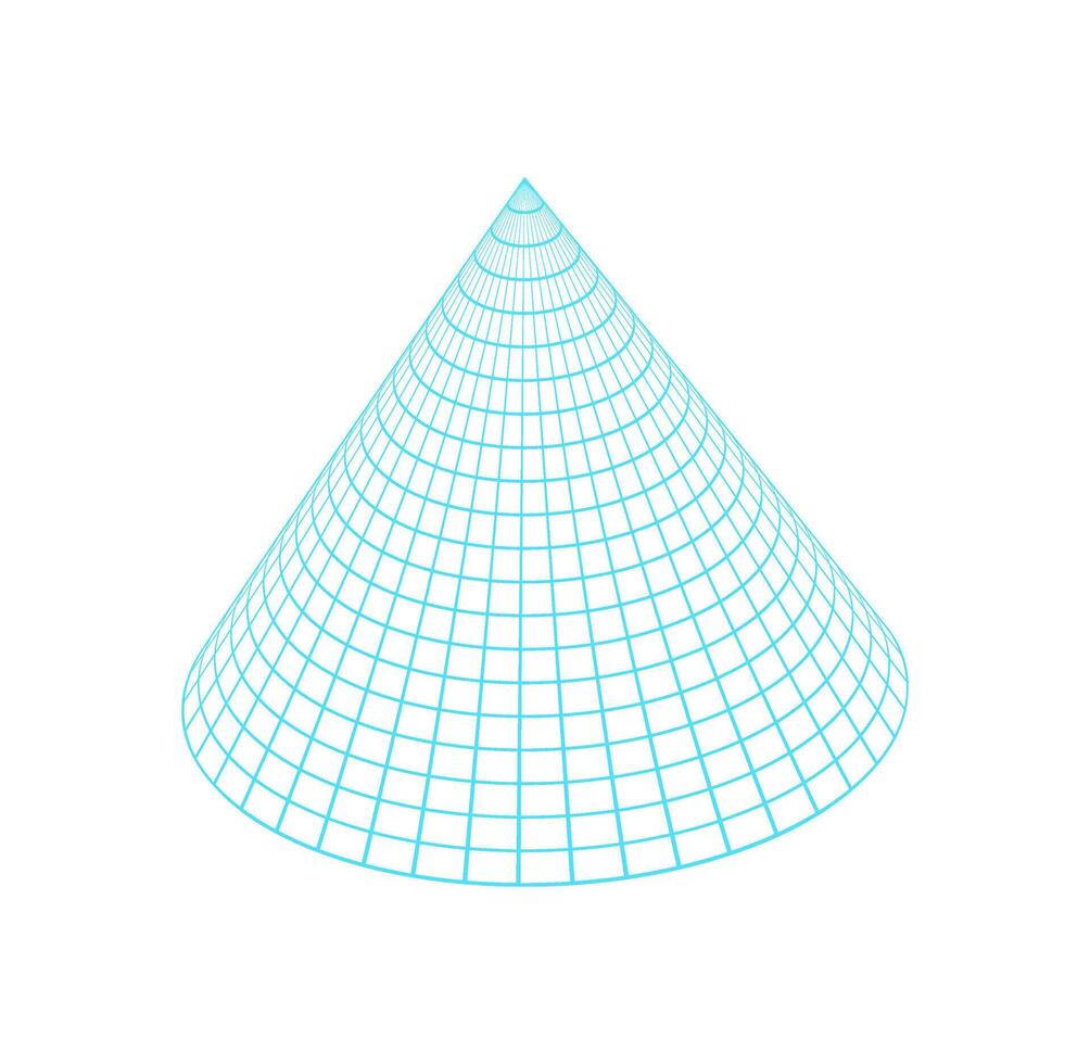 Y2k 3d mesh cone, vaporwave trendy 3d wireframe shape icon, cyberpunk neon grid pattern element illustration, brutal art abstract wire frame form symbol, cyber tech geometry mesh figure graphic. vector