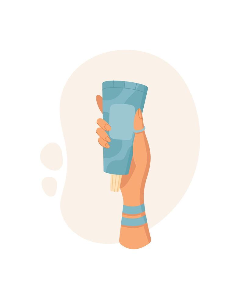 Hand hold sunblock spray product, creative uv block lotion container, skin protection moisturizer product, cartoon spf spray bottle, flat sunblock cream pack, vector